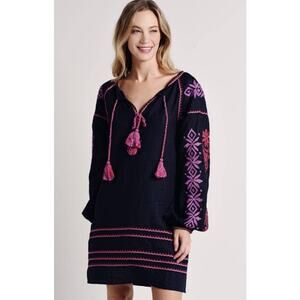 Roberta Roller Rabbit Natalia Navy Boho Embroidered Linen Dress Size Small